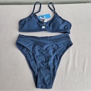 CUPSHE 2 Piece Bikini Set Women SZ Small Cutout High Cut V Front Blue